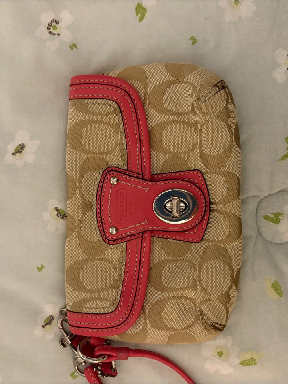 Coach Beige Signature Canvas Wristlet with Pink Trim - Picture 2 of 2